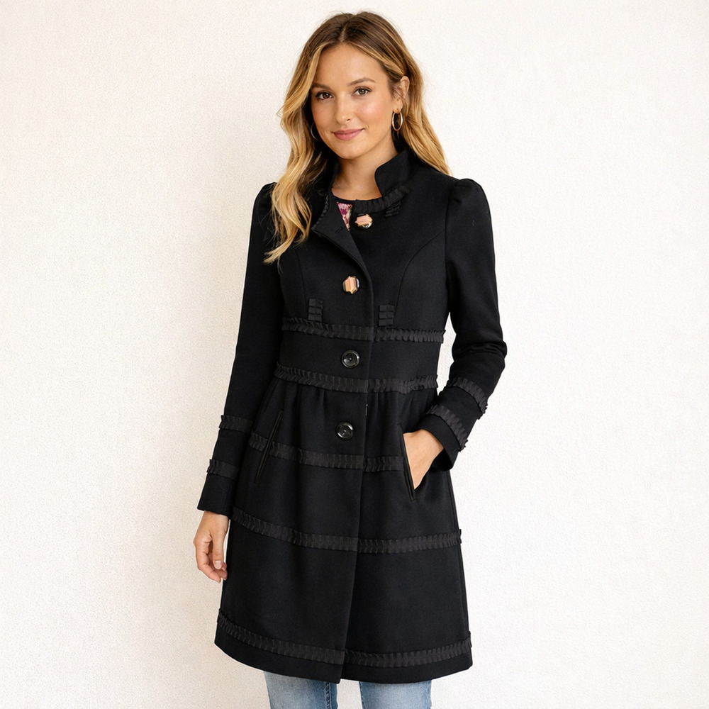 Anthropologie Leifsdottir Button Front Long Sleeve Embellished Coat Black 2